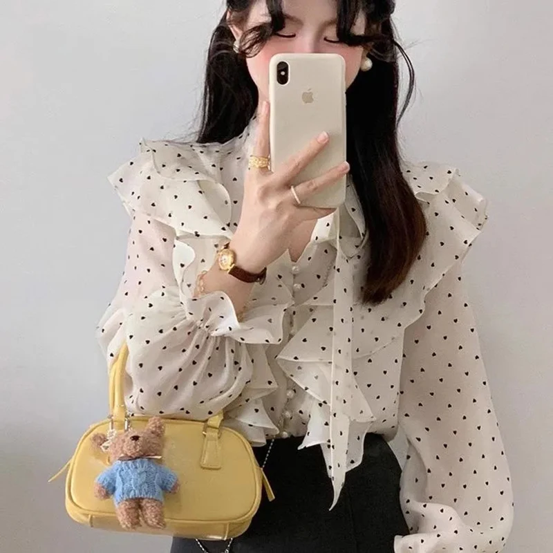 Korean Polka Dot Chiffon Blouse Women Elegant Long Sleeve Ruffle Trim Shirt Sweet Fashion Sheer Thin White Soft Commuter Top