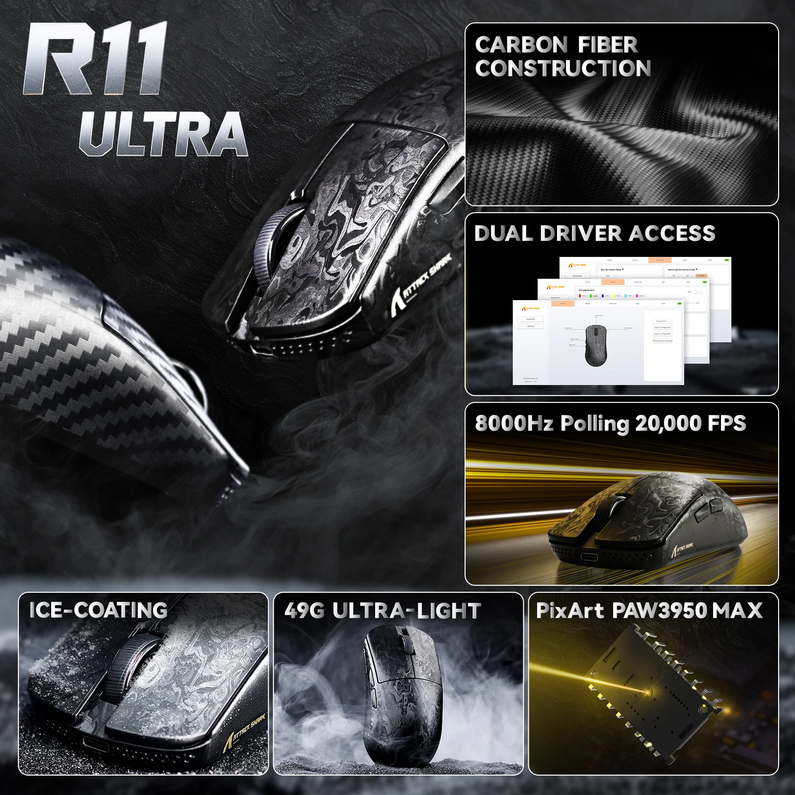 

ATTACK SHARK R11 ULTRA Углеродное волокно Беспроводная игровая мышь 8K PAW3950MAX 49 г SUPERLIGHT, Nordic 52840 MCU