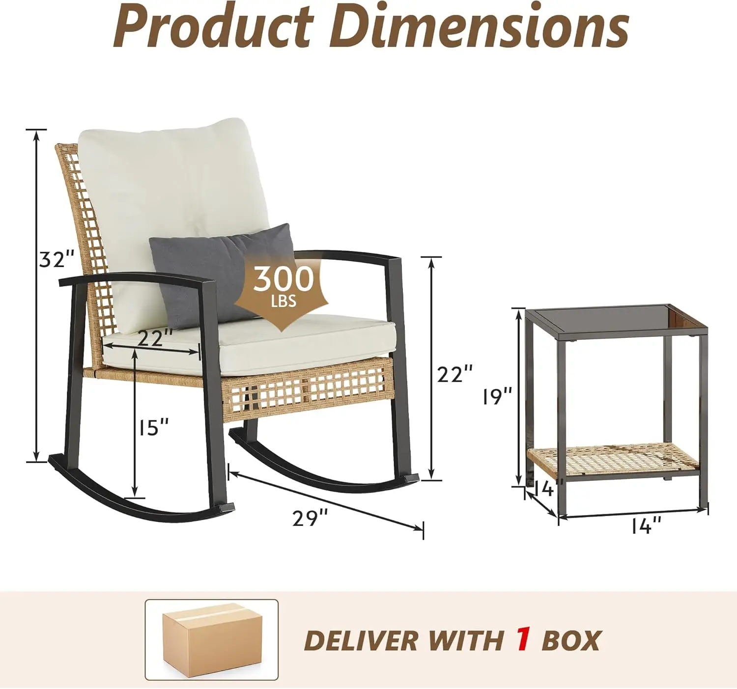 Outdoor Patio, Garden, Backyard, Poolside Use - Tempered Glass and Fabric - Beige - 3 Piece Set with Thick Lumbar Pillow