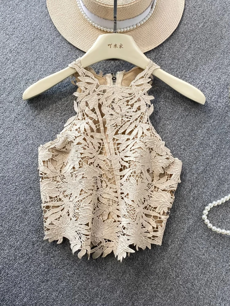 French Style Neck Vest Women's Elegant Socialite Water-Soluble Lace Tank 2026 New Summer Y2k Sexy Rear Zipper Slim-Fit Short Top
