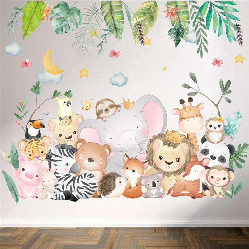 

Cute Animals Party Wall Stickers For Kids Room Decoration Tiger Lion Giraffe Owl Safari Mural Art Diy Home Decals Pvc Posters