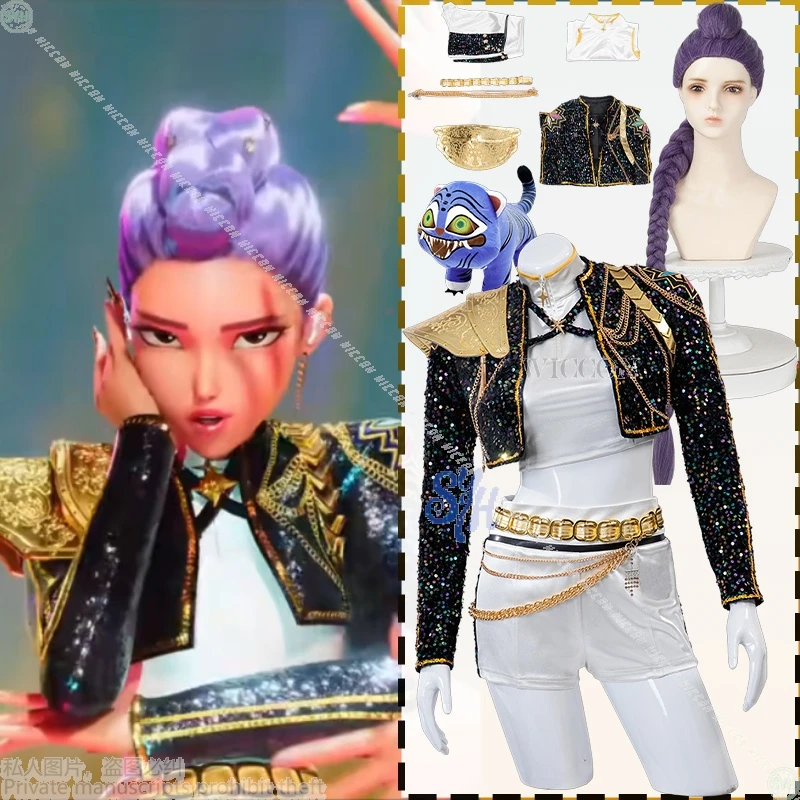 Huntrix Rumi Cosplay Kpop Demon Anime para uniforme de escenario dorado abrigo negro Mini vestido blanco Kawaii Jirai Kei niñas Corea Idol Cos
