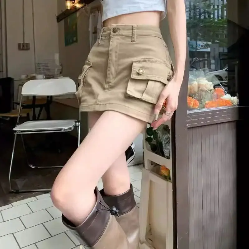 

Юбка-миди в стиле карго с карманами-клапанами, женская одежда, однотонная, летняя, винтажная, с высокой талией, А-силуэт, мини-юбка Hotsweet
