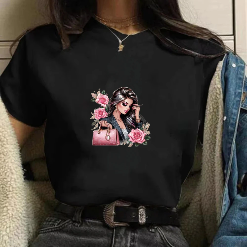 Rose Flower Printed T-shirt Women's Comfortable Round Neck Plus Size Daily Clothing Retro Modern Loose and Simple Top