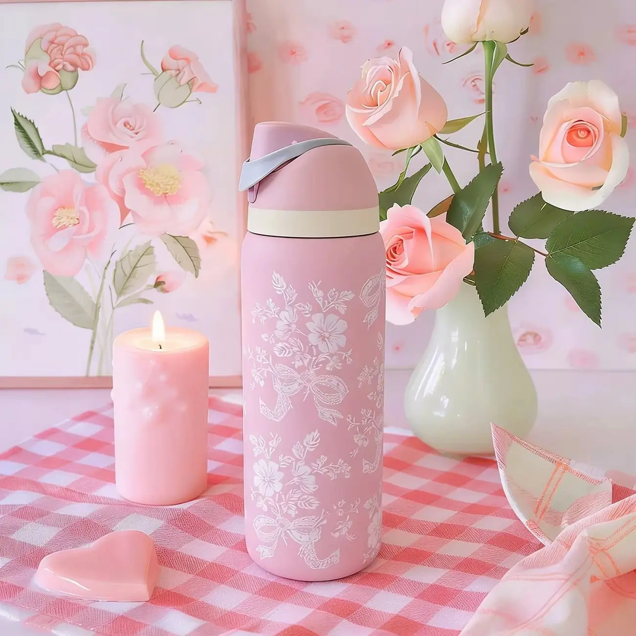 Owalaa borboleta de renda rosa 32 onças/945 ml garrafa de água isolada em aço inoxidável com canudo, para esportes diários ao ar livre, presente perfeito