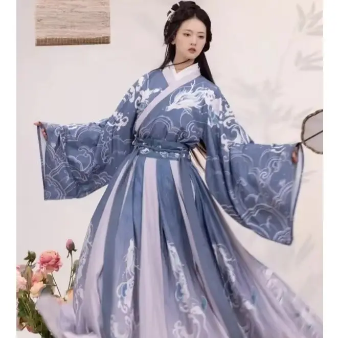 

Spring Chinese Wei Jin Style Hanfu Set Ancient Princess Fairy Classica Printing Dress Daily Waistband Slim Crossed Collars Dress