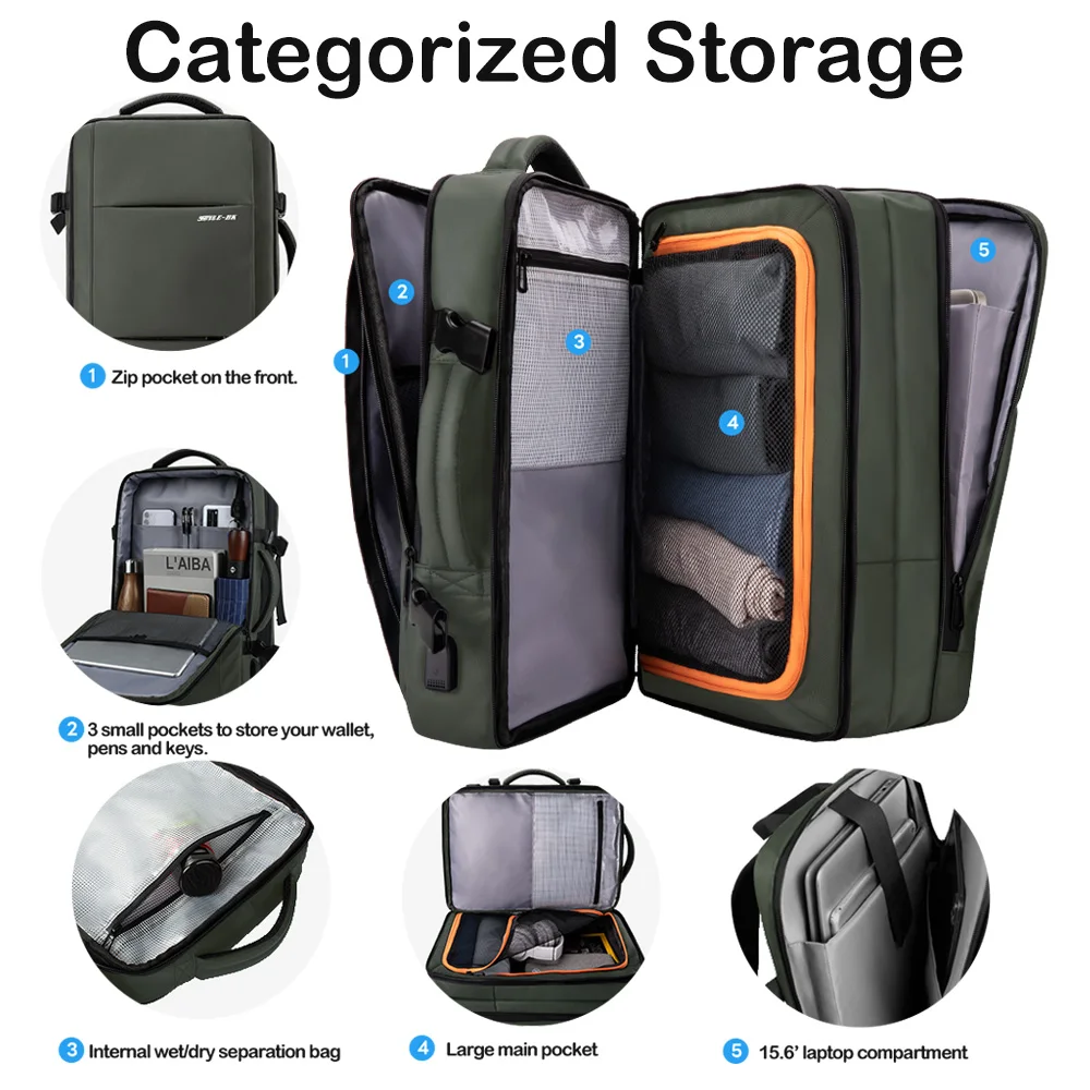 حقيبة ظهر للسفر ذات سعة كبيرة من HK للرجال حقيبة ظهر قابلة للتوسيع مقاومة للماء مقاس 15.6 بوصة حقائب كمبيوتر محمول حقائب نهارية مدرسية خارجية #4