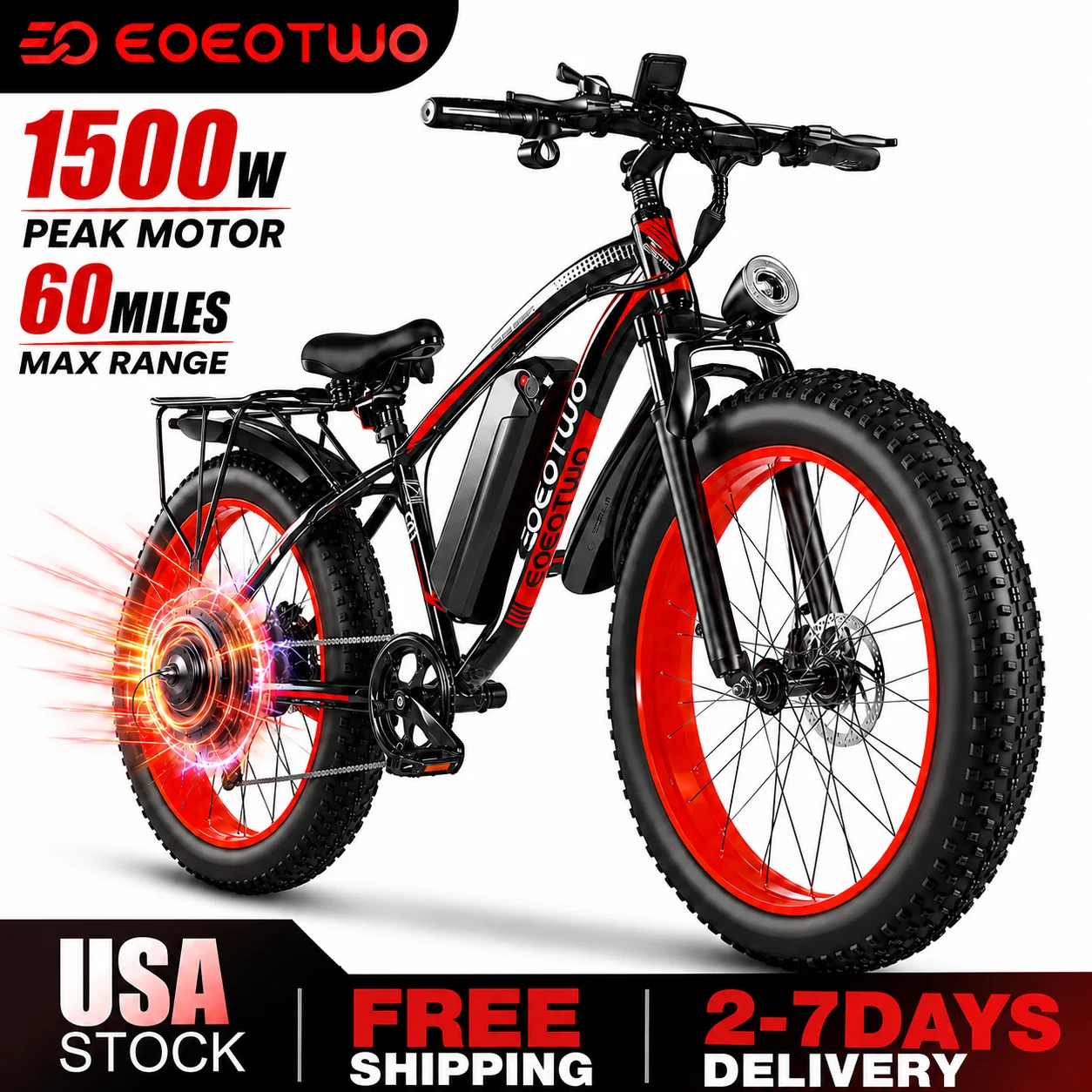 EOEOTWO 26" Fat Tire Electric Bike for Adults, 1000W Motor 1500W Peak, 48V 15Ah Battery, 34 MPH Max Speed, Up to 60 Miles Long Range