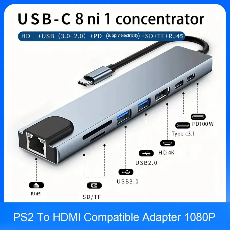 8-in-1 USB C Hub, 4K High-Definition TV, 100Mbps Ethernet Multi Port Hub, 5Gbps USB C and 2 USB A Data Ports, PD 100W Charging
