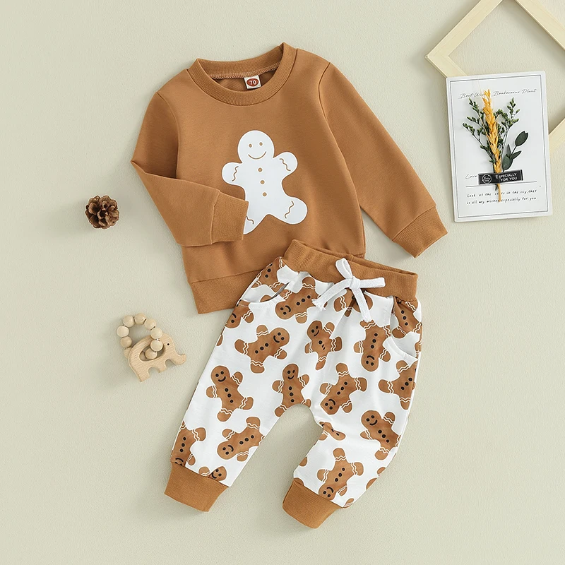 Toddler Baby Boy Christmas Outfits Print Long Sleeve Gingerbread Man Print Sweatshirt + Pants 2Pcs Fall Xmas Clothes Set