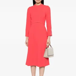 New Beaded Women Solid Dress Elegant O-Neck Long Sleeve A-Line Dresses 51007