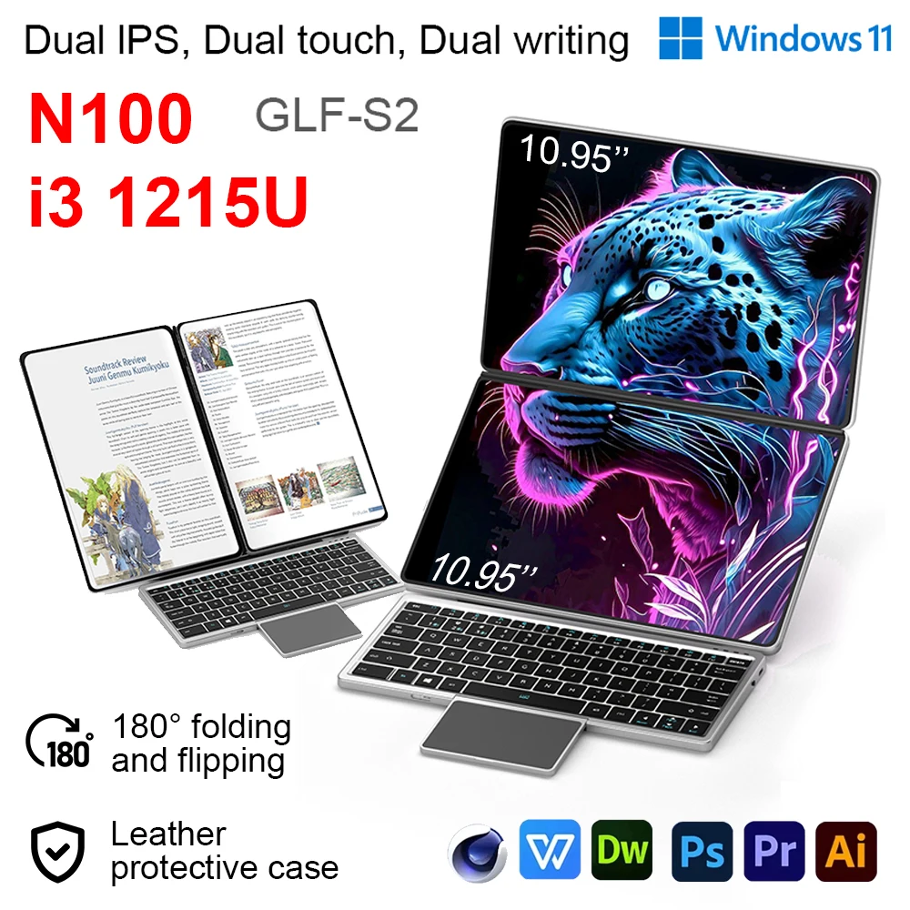 Laptop GLF-S2 con Pantalla Dual de 10.9+10.95 Pulgadas, Intel i3 1215U/N100, 32GB DDR4, 1TB Ssd, Doble Ips, WIFI 6, Windows 11, Pantalla Táctil