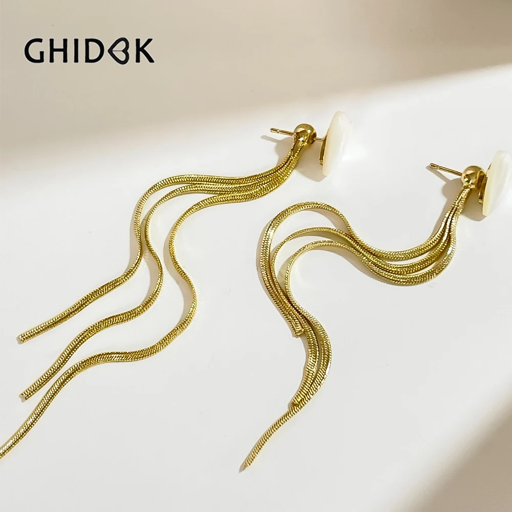 GHIDBK Romantic Natural White Shell Heart Threader Earrings Women's Gold Plated Front Back Long Chain Tassel Earrings Dainty