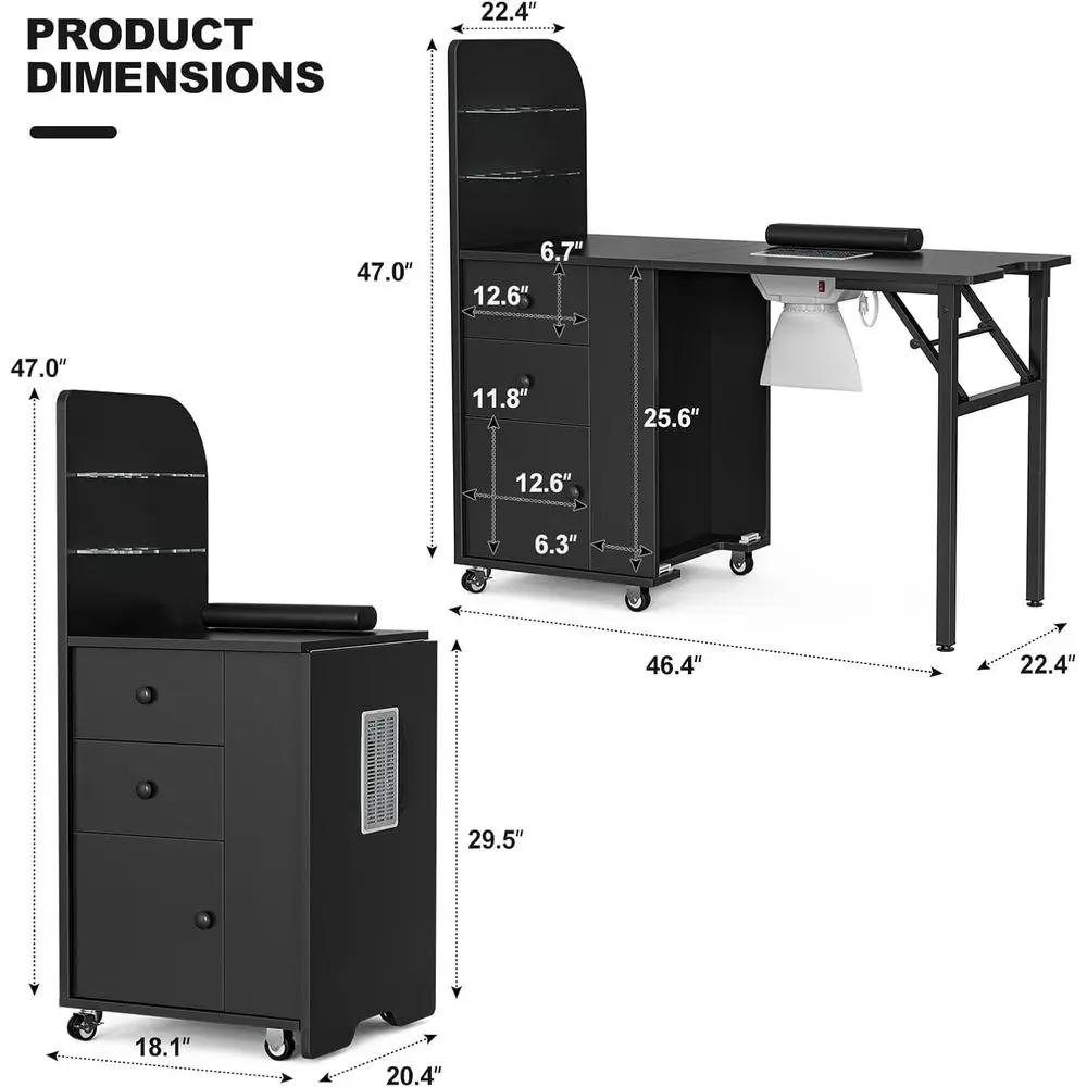 Adjustable Nail Desk with Dust Collector, 2 Shelves, Drawers, Wrist Support, Locking Wheels
