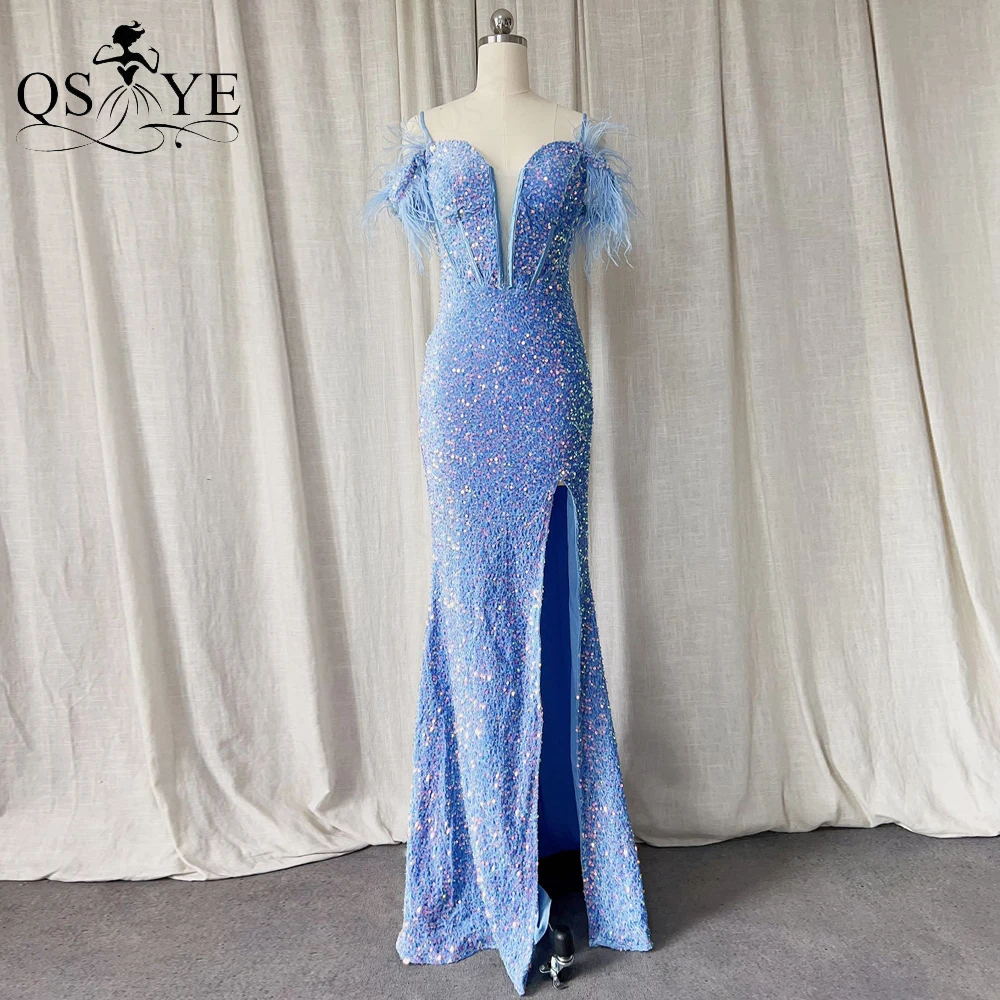 

Luxury Light Blue Evening Dresses Basque Ostrich Fur Off Shoulder Side Sleeves Prom Gown Big Sequins Elegant Split Party Dress