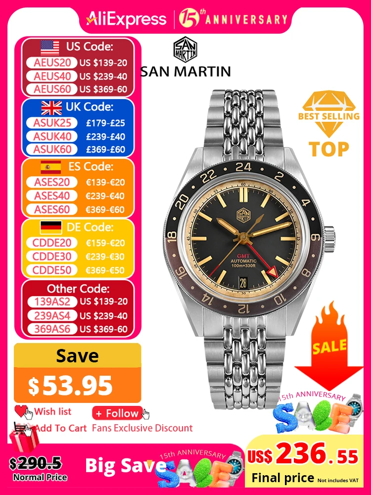 San Martin jam tangan pria, Bezel aluminium antik Distressed NH34 GMT mekanis otomatis Retro tahan air safir 100m SN0116