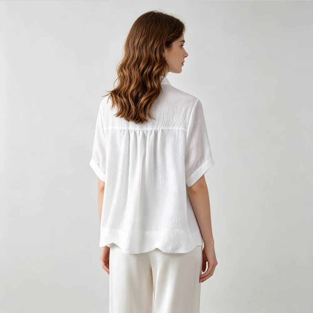 2026 Women's Summer New White Silver Thread Interwoven 32% Natural Mulberry Silk GuanLe Crepe Stand Collar Short Sleeve T-shirt