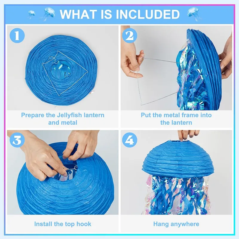 6ps Jellyfish Half circle Paper Lantern Set Gradient Colorful Lantern Mermaid themed underwater ocean birthday decoration view 3