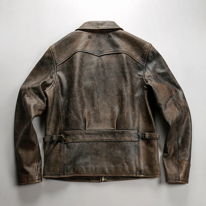 1930 Vintage Cowhide Leather Jacket Men Lapel Japanese Retro Washed Motorcycle Slim Fit Chaqueta Cuero Moto Vegetable Tanned
