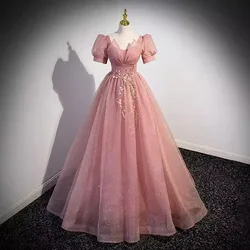 Vestido de noche elegante rosa de lujo para mujer, vestido largo árabe Formal para fiesta de boda, vestido de fiesta con bordado de flores y manga abombada