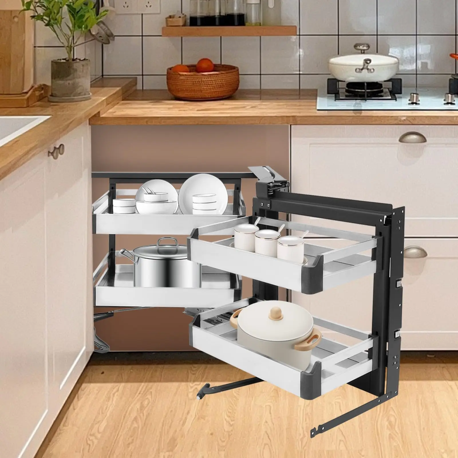 Corner Cabinet Right Pull-Out Organizer, 2-Tier Blind Corner Shelf with 115° Opening Angle, Kitchen Corner Cabinet Pull