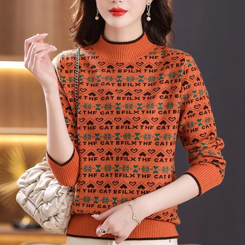 New Winter Thickened Fashion Fashionable Half High Collar Jacquard Colored Short Loose Versatile Long Sleeve Women\'s Sweater