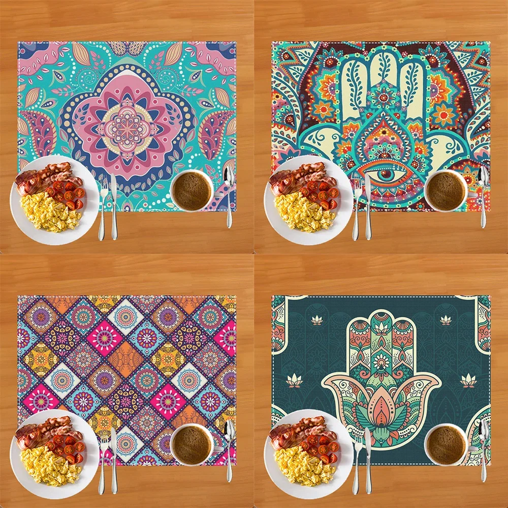 Mandala Flower / Hand of Fatima Print Table Mats for Dining Table Coasters Linen Coffee Cup Pads Kitchen Placemat