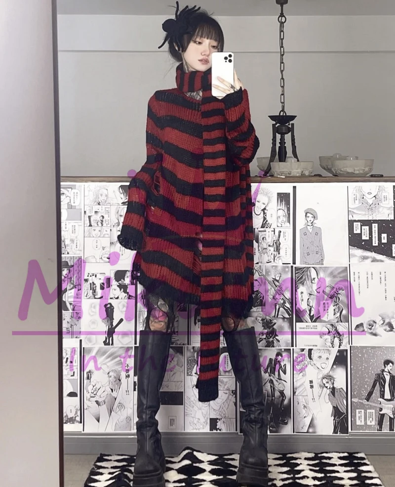 Mikumn Harajuku Punk Fashion Grey Red Black Striped Scarf Women Girl Winter Warm Knitted Scarves Streetwear