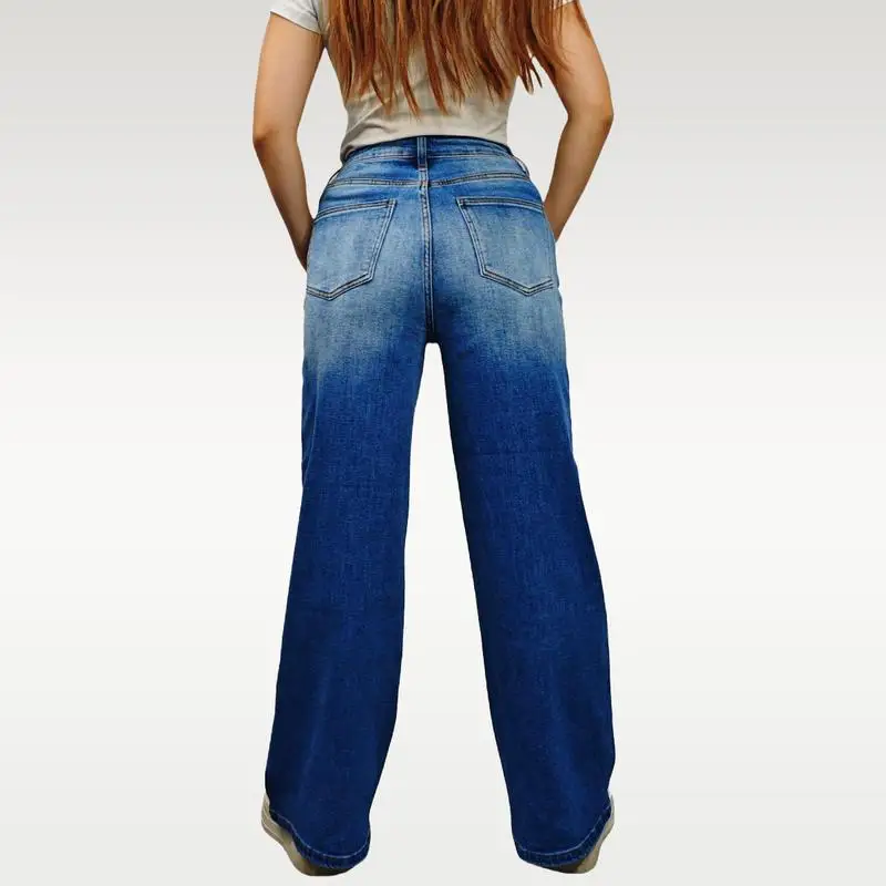 Women Wide Leg High-waisted Stretchy Jeans Buckle Baggy Pants Medium Blue M042701