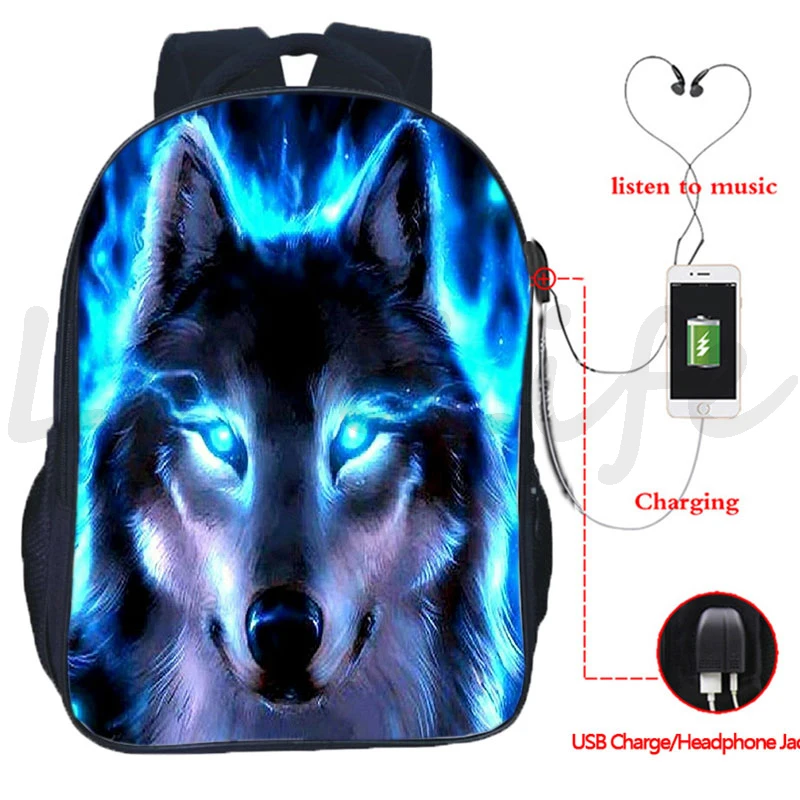 

Mochila Ice Fire Wolf USB Backpack Teenager Animal Canvas School Bag Men USB Charging Travel Rucksack Large Capacity Laptop Bags