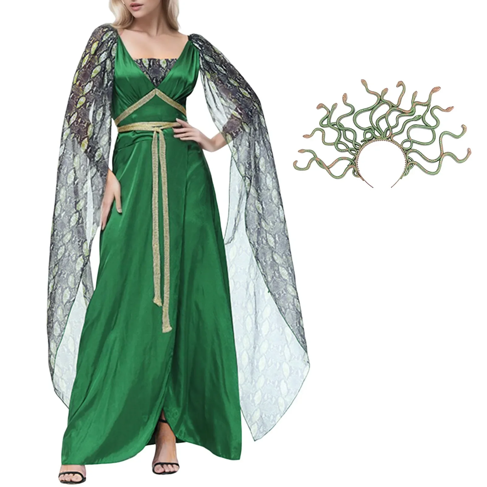 

Myth Medusa Gorgon Cosplay Serpentine Print Slit Dress for Women Witch Green Dress Headwear Cape Tulle Dleeves Halloween Costume