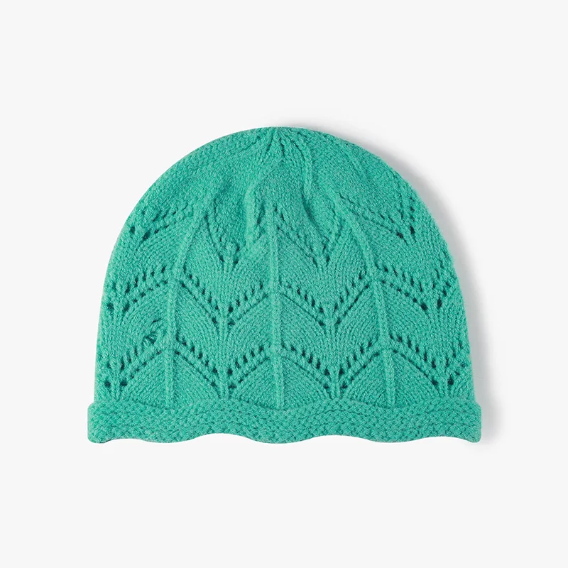 Women Hollow Leaf Knit Beanie Scalloped Cuff Soft Warm Fall Winter Knitted Hat