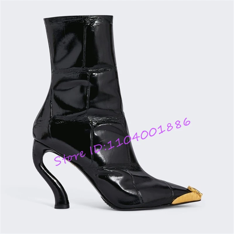 

Black Patent Leather High Heels Ankle Boots Women Sexy Suede Metal Pointed Toe Side Zipper Booties Fashion Designer Party Shoes