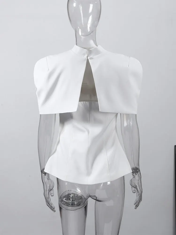 Halbrollkragen-Cape-Tube-Top-Anzüge für Damen, elegantes, kurzärmliges, schulterfreies Oberteil mit Taillenbetonung, schickes Büro-Outfit, Clubwear, Neu – Detail 6