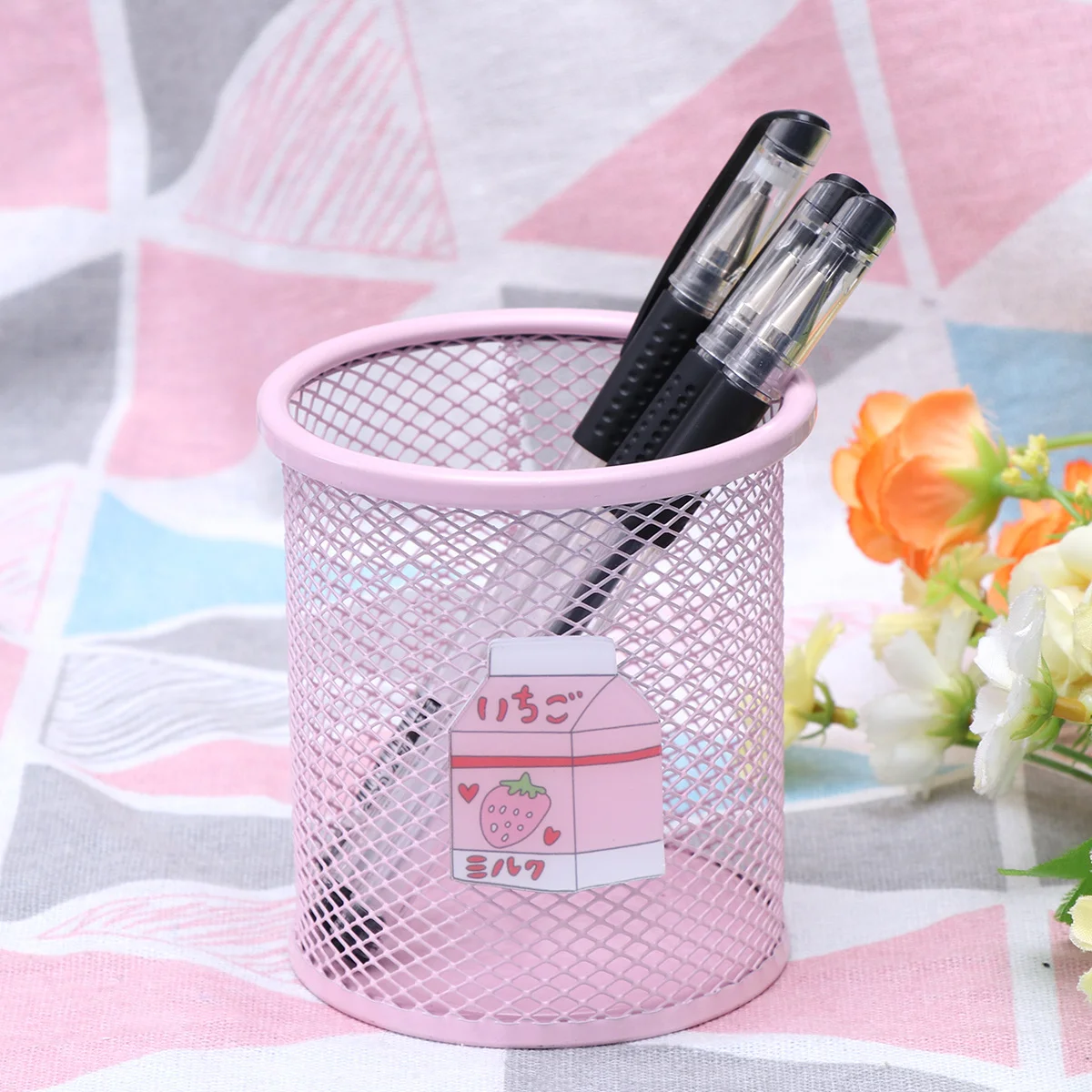 

Desktop Trash Can Pink Round Metal Wastebasket For Bathroom Bedroom Office Lightweight Hollow Grid Design Makeup Brush