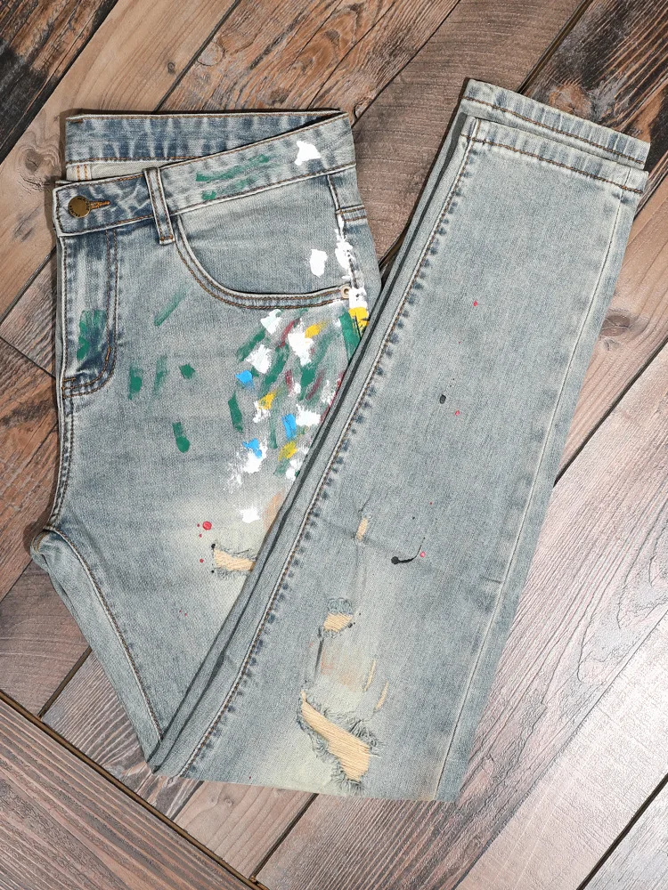 

Весенне-летние винтажные мужские джинсы, окрашенный принт граффити, перфорированная резинка, маленькие ножки, ностальгические брюки