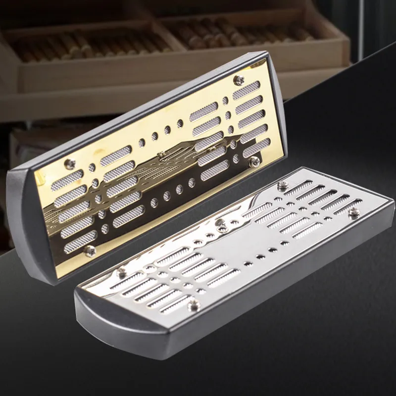 Humidificador rectangular de Metal dorado y plateado para cigarros, caja de madera mediana, accesorios para fumar, soporte para cigarros