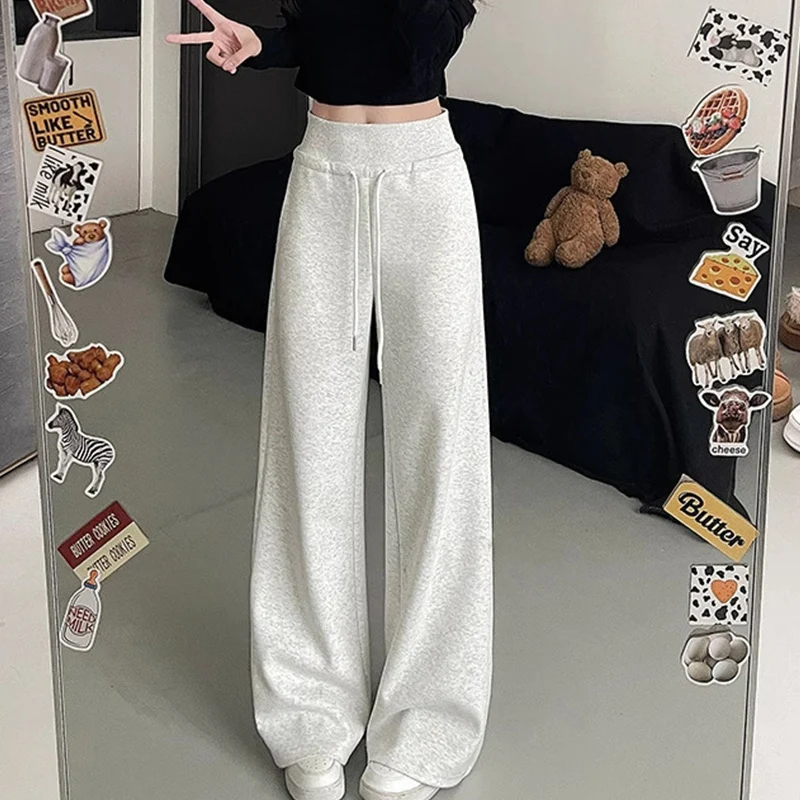 Pantalon Baggy de sport taille haute pour femmes, cordon de serrage élastique, Style américain, pantalon de survêtement droit, polyvalent, Streetwear