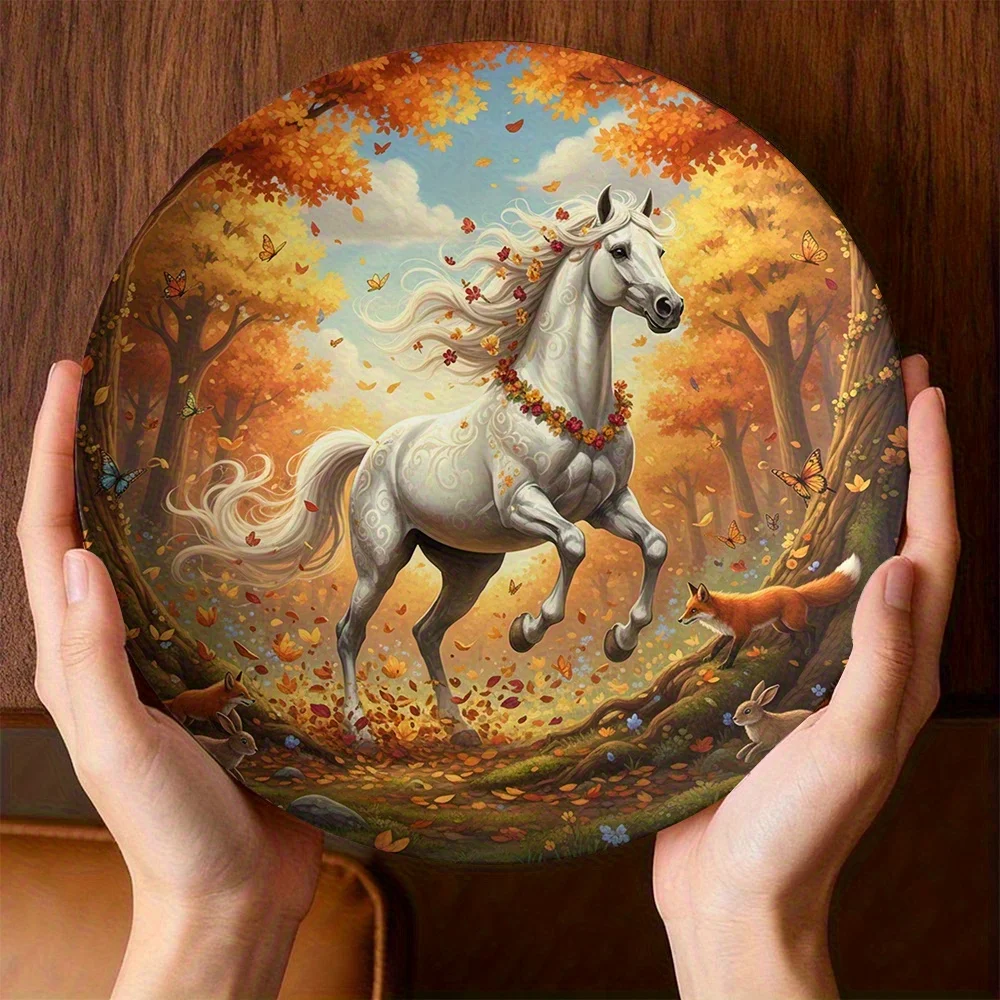 1pc White Horse in Autumn Designed Decorative Plate | Ceramic Round Plate, Non-Food Contact, Novelty Fashionable Decor for Wall