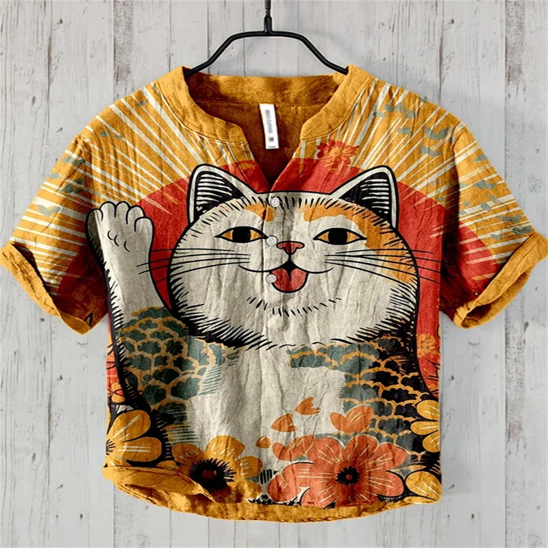 

2024 Leisure Fashion Outdoor Men's 3D Printing Fate Cat Japanese Art Style Linen Blended Henry V-neck Shirt