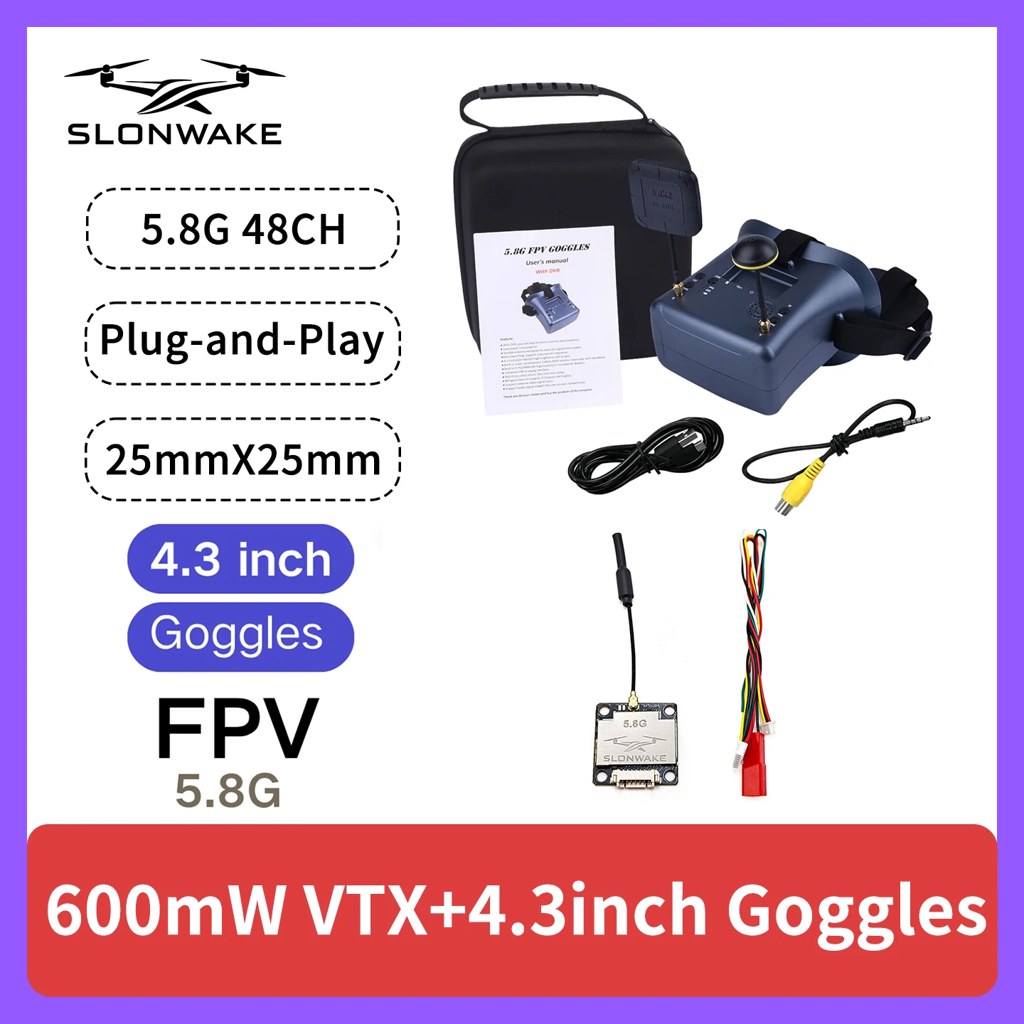 

SLONWAKE 5.8G 48CH FPV 600mw VTX with 4.3inch Monitor for Racing Drones RC Cars Model Aircraft Fixed-Wing Drone Acc