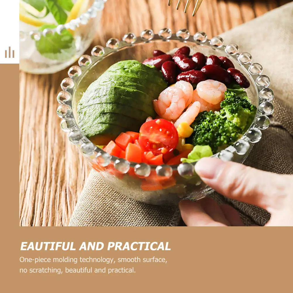 2Pcs Clear Dessert Bowl Glass Household Salad Bowl Beaded Edge Elegant 3D Shape Smooth Texture Multi-Functional Serving Dish