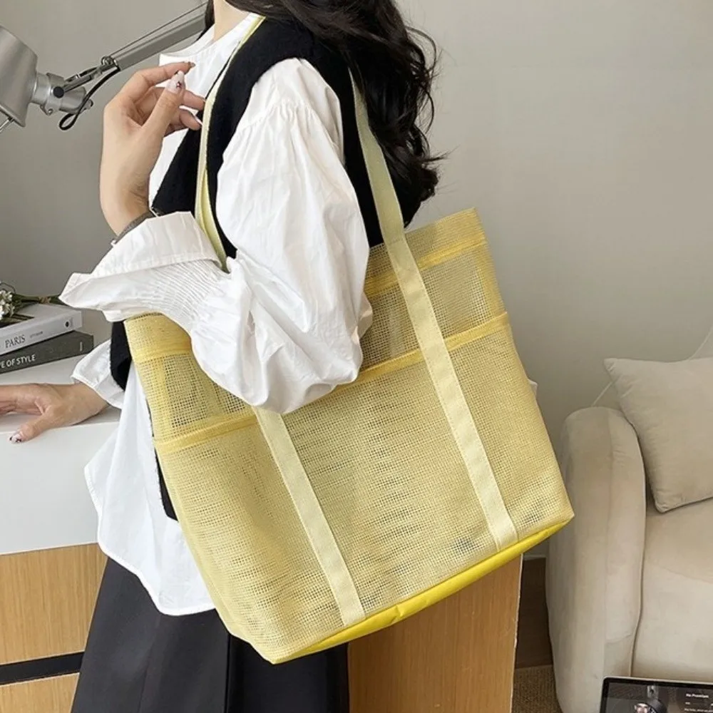 Large Capacity Mesh Beach Bag Lightweight Transparent Mesh Shoulder Handbag Foldable Hollow Pocket Toiletries Organizer Swimming