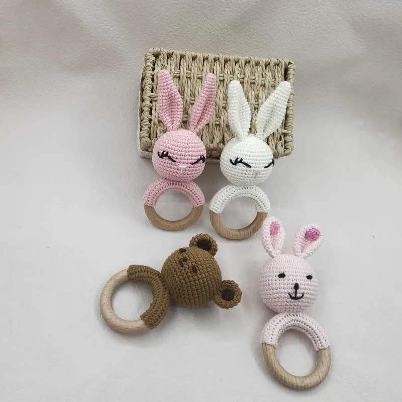 Baby Teether Music Rattles for Kids Animal Crochet Rattle Rabbit Bear Ring Wooden Babies Gym Montessori Children's Toys