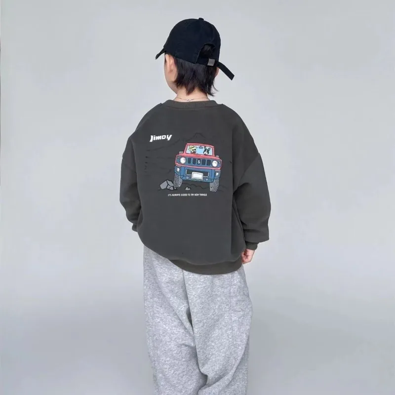 

2025 Autumn New Boys' Thickened Fleece Lined Cool Car Pattern Trendy Sweatshirt