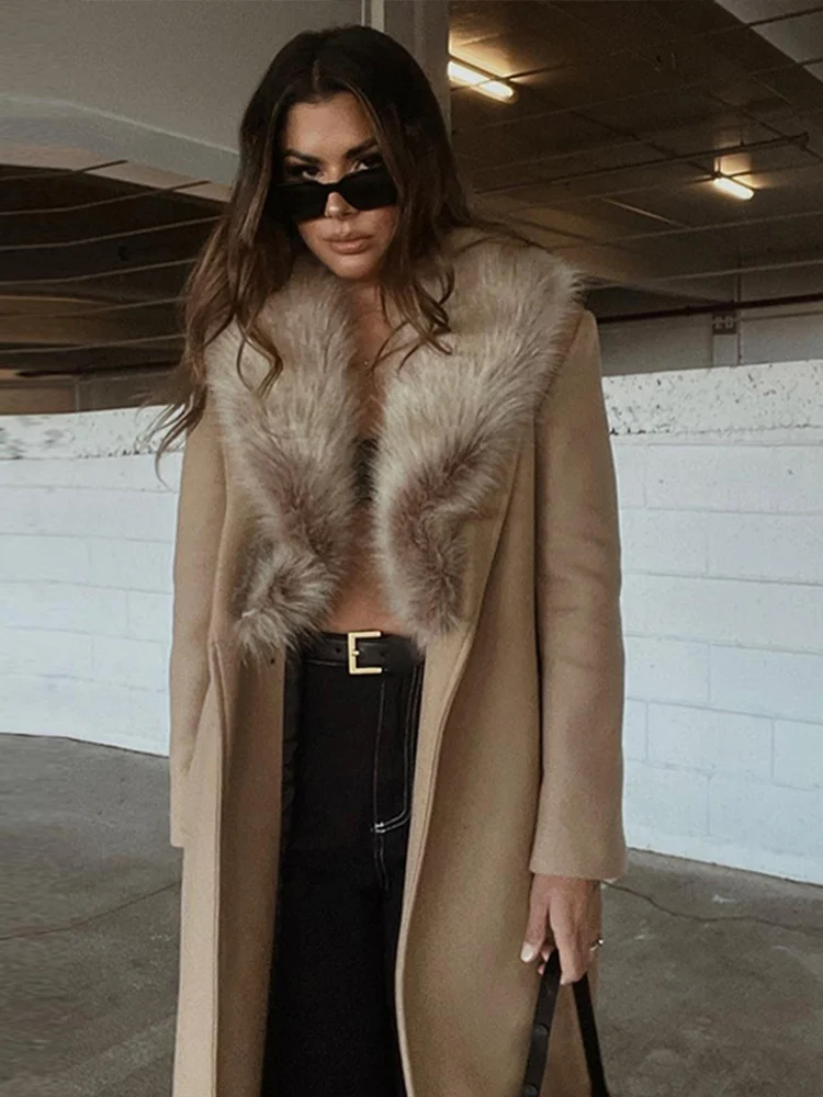 Big Faux Fur Collar Long Coats Women Patchwork Long Sleeve Belt Thicken Winter Jackets 2024 Lady Elegant Loose Street Outerwear