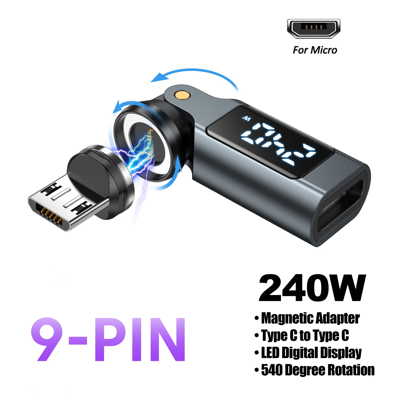 AUFU 9-Pin Digital-Display Magnetischer OTG-Adapter für iPhone 17, MacBook, Laptop, Xiaomi PD240W 5A USB-C auf Typ-C Micro-Stecker-Konverter