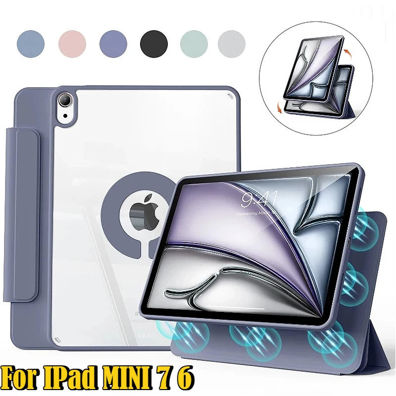 360° Strong Magnetic Detachable Tablet Case for IPad Mini 7 6 A17 Pro 8.3Inch PU Leather Tri-fold Clear Acrylic Shockproof Cover