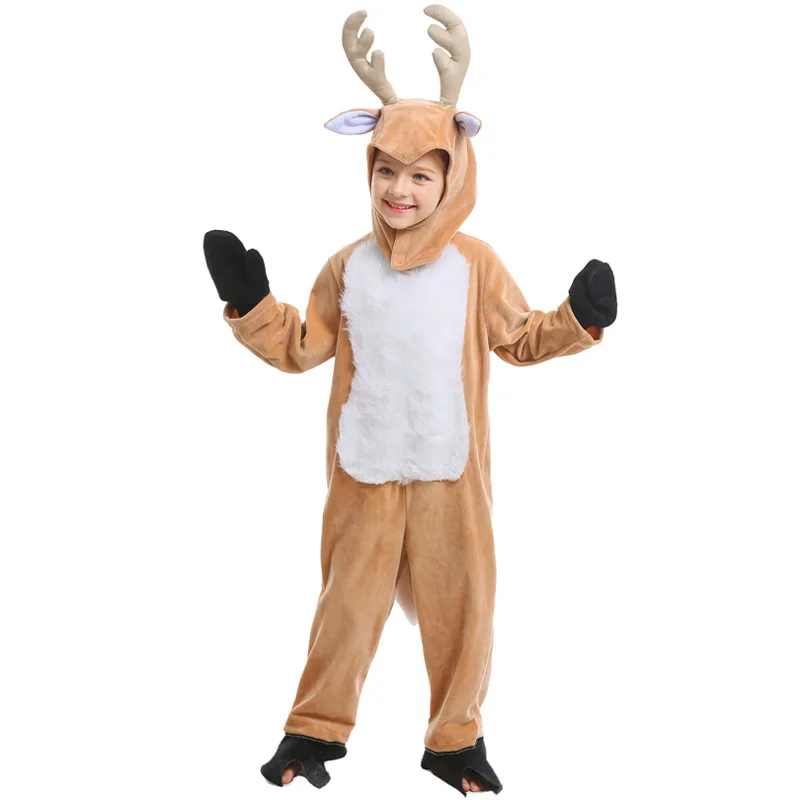 Cute Cartoon Reindeer Elk Plush Unisex Animal Onesie Pajamas For Christmas Masquerade Party Stage Performance Role Play Outfit