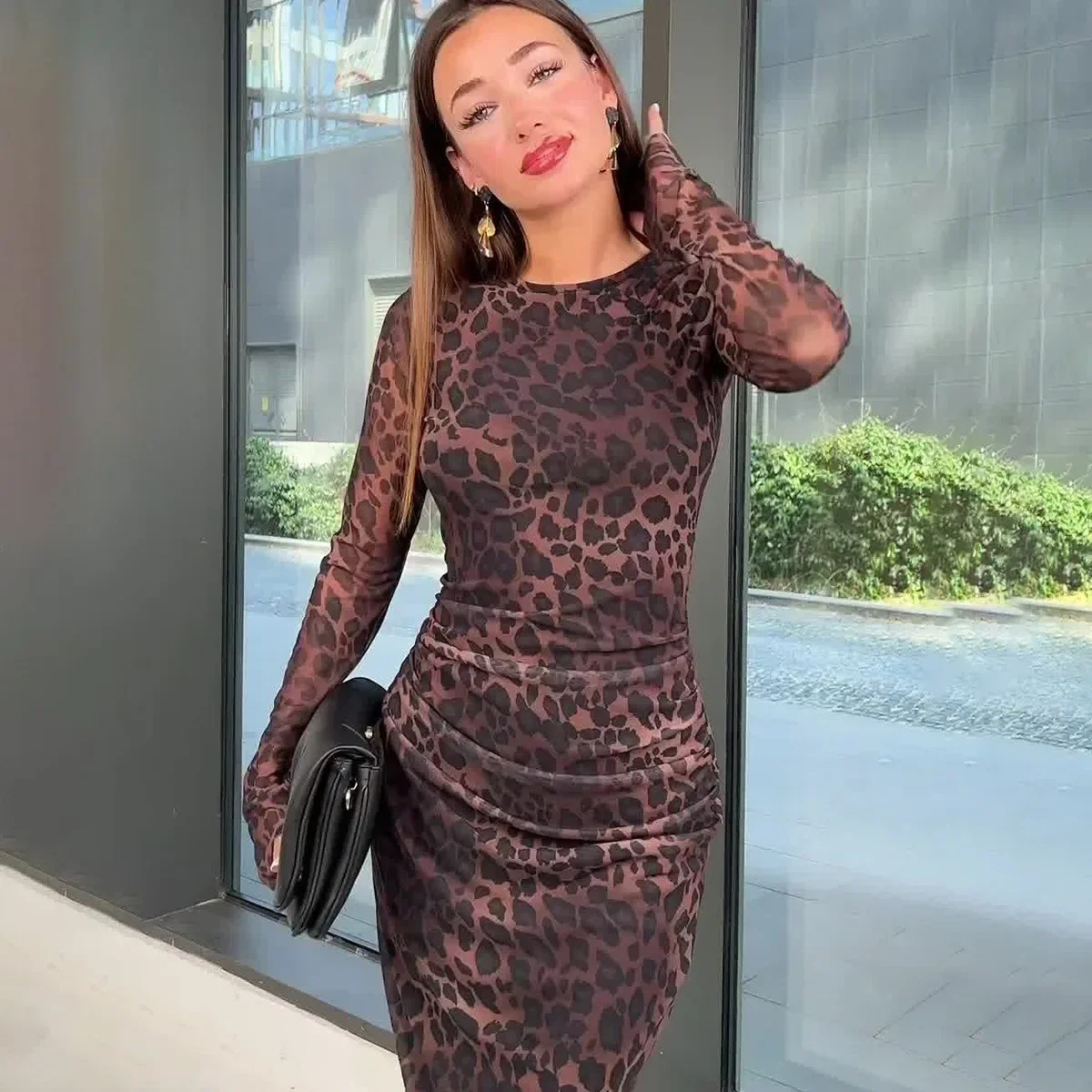 Women 2024 Spring Fall Women Sexy Leopard Print Streetwear Bodycon Black Long Dress Wholesale Items for Business